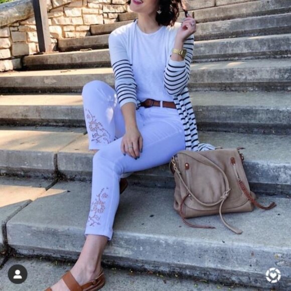 J.Jill Cropped White Jeans with Floral Embroidered Lace Applique | 10 - Picture 1 of 12